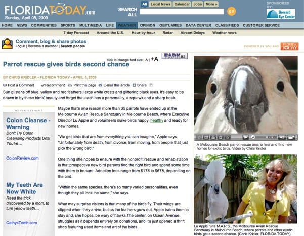 Story about the Melbourne Avian Rescue Sanctuary in "Florida Today"